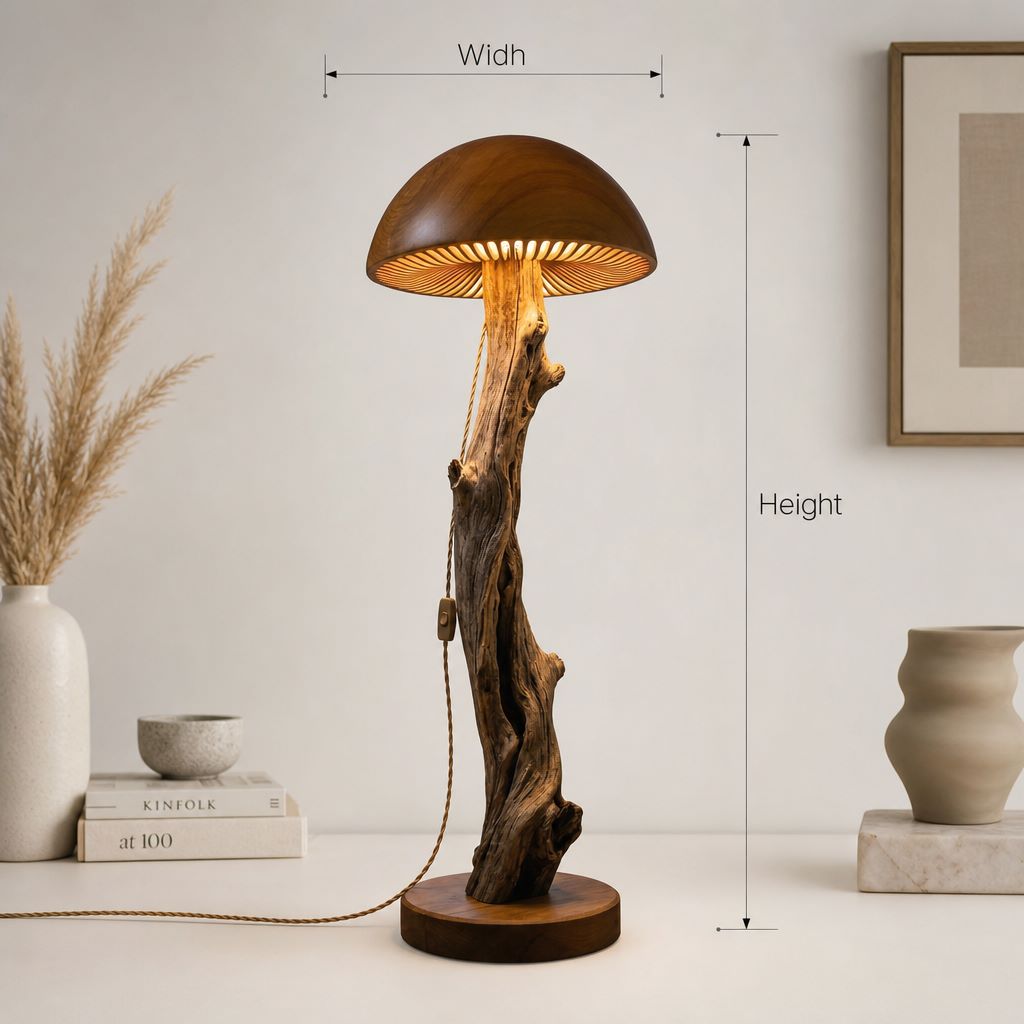 Mushroom Floor Lamp with Driftwood Stem and Gill Glow Cap