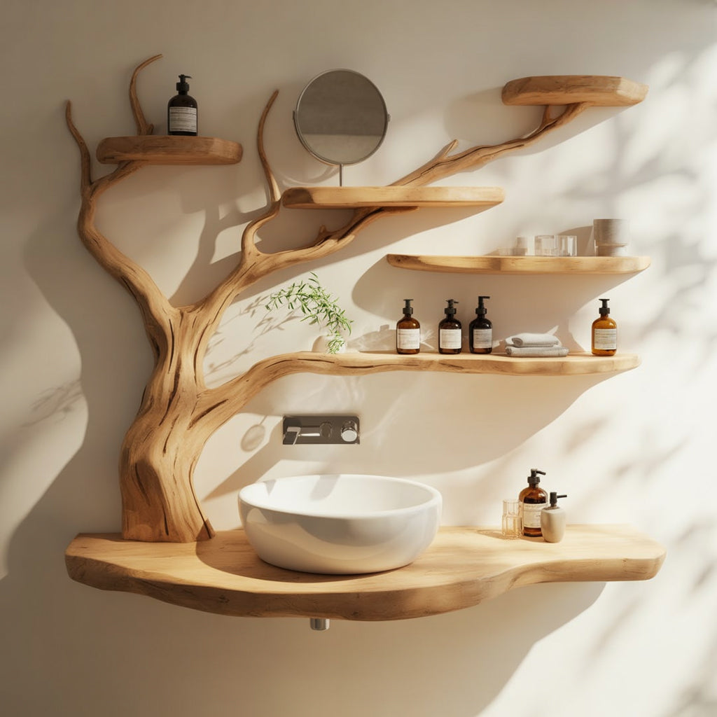 Live Edge Wood Bathroom Vanity with Tree Branch Shelves – Handmade Natural Sink Console