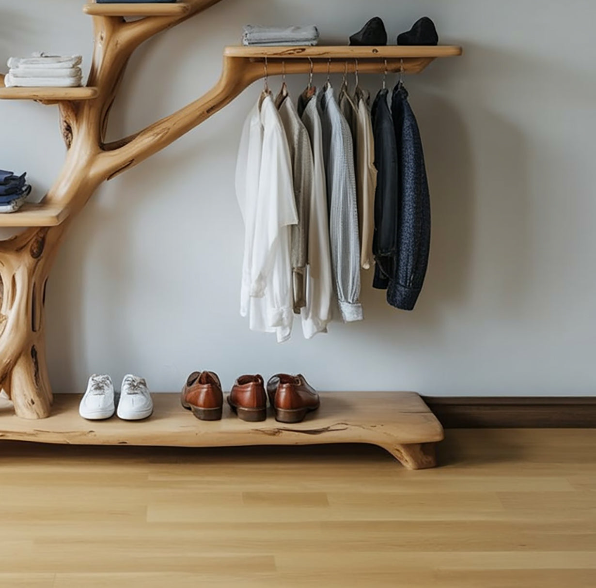 Handmade Tree Coat Rack with Shoe Storage – Decorative Stand