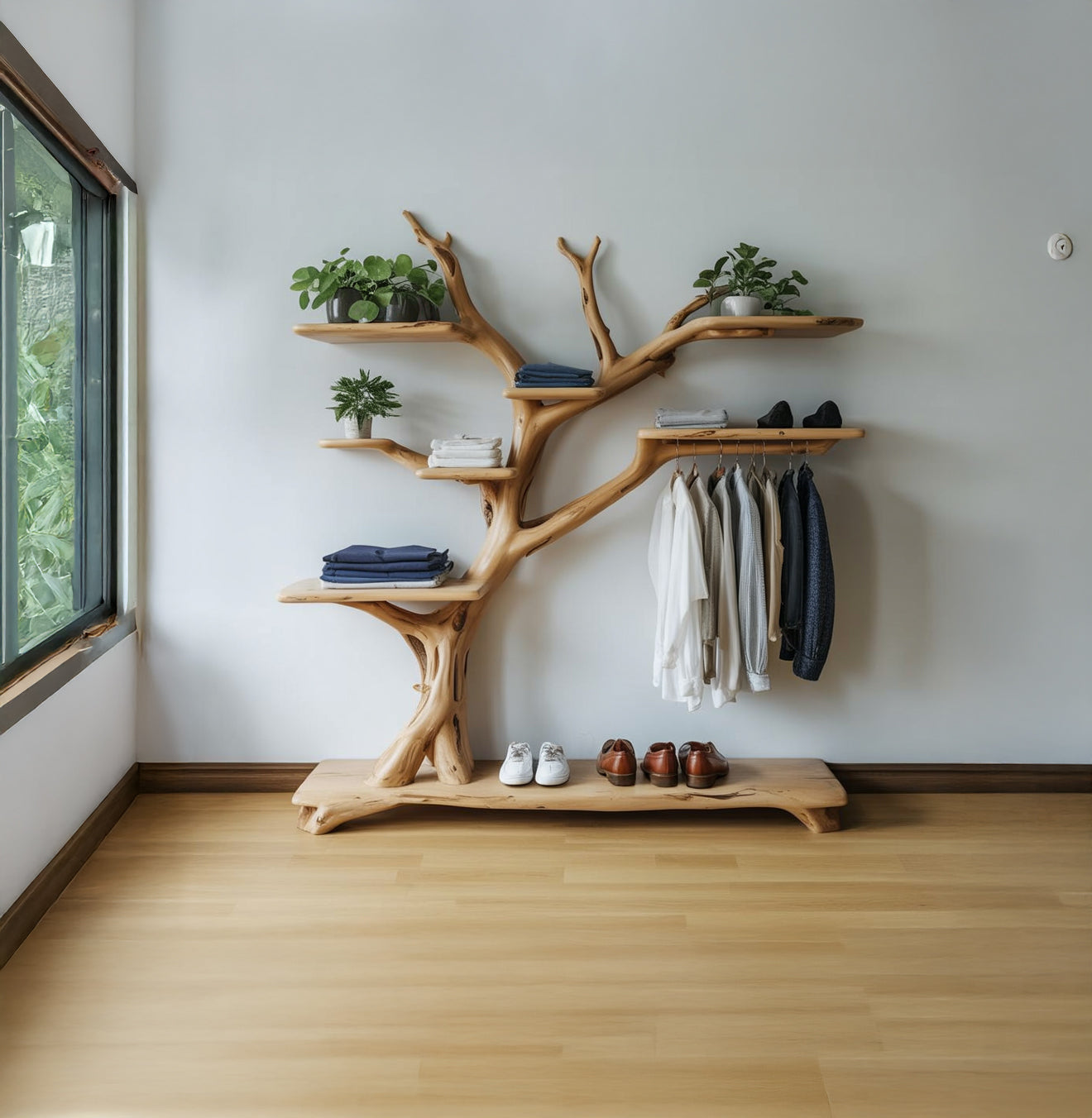 Handmade Tree Coat Rack with Shoe Storage – Decorative Stand