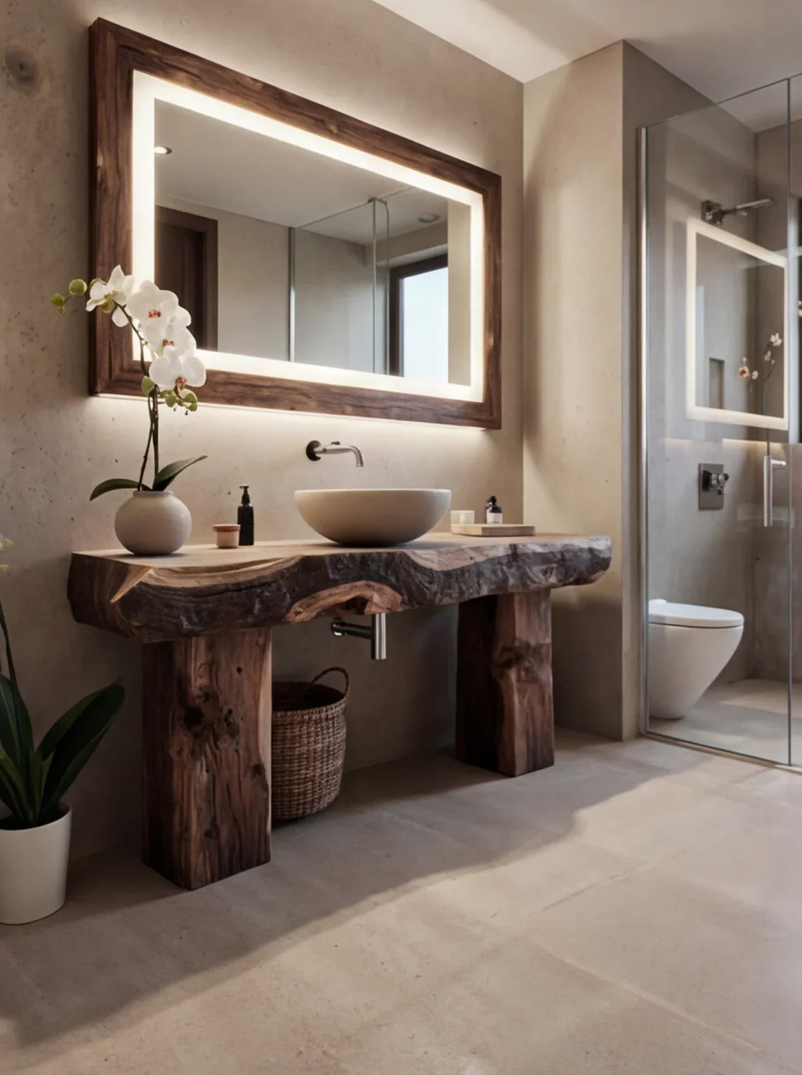 Modern bathroom with live edge wood vanity, vessel sink, large illuminated mirror, and neutral decor.
