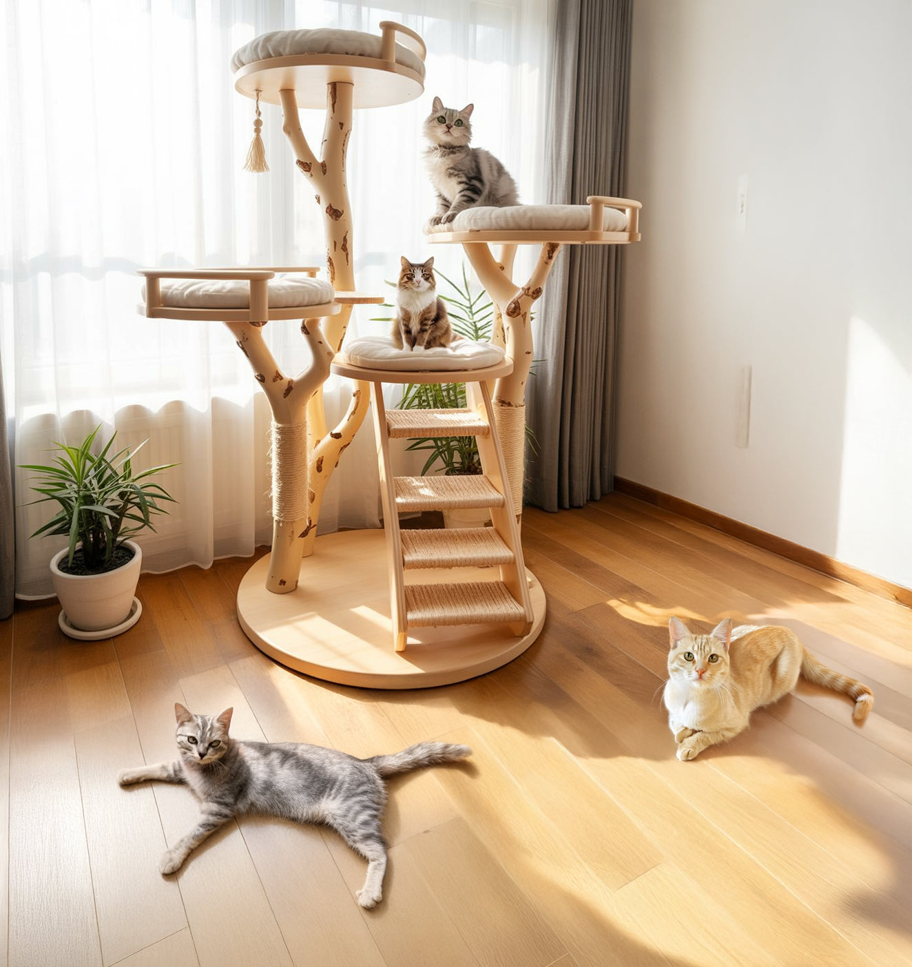 Rustic Solid Wood Cat Tree – Handmade Natural Wood Cat Tower Stand, Large Play Structure