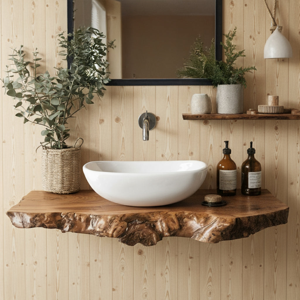 Handmade Live Edge Floating Vanity Shelf – Rustic Wall Mounted Bathroom Shelf