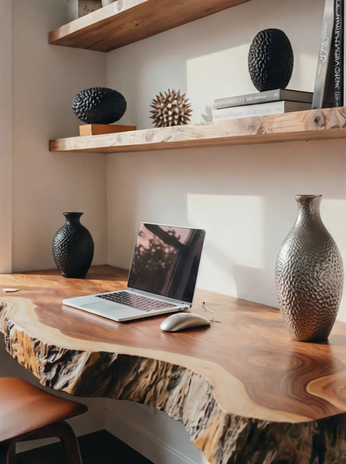 Live edge solid wood desk with laptop, modern decor vases, and floating wood shelves.