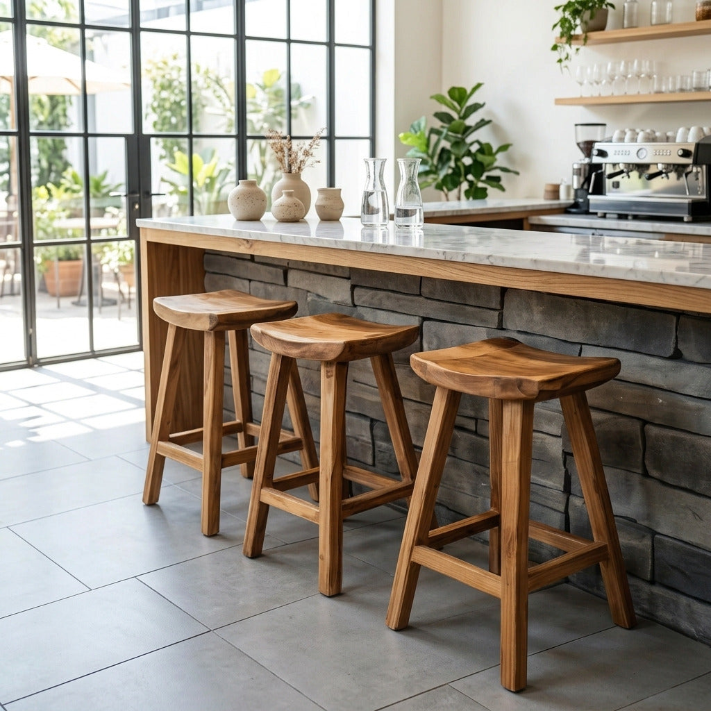 Artisan solid wood saddle bar stool in a modern kitchen