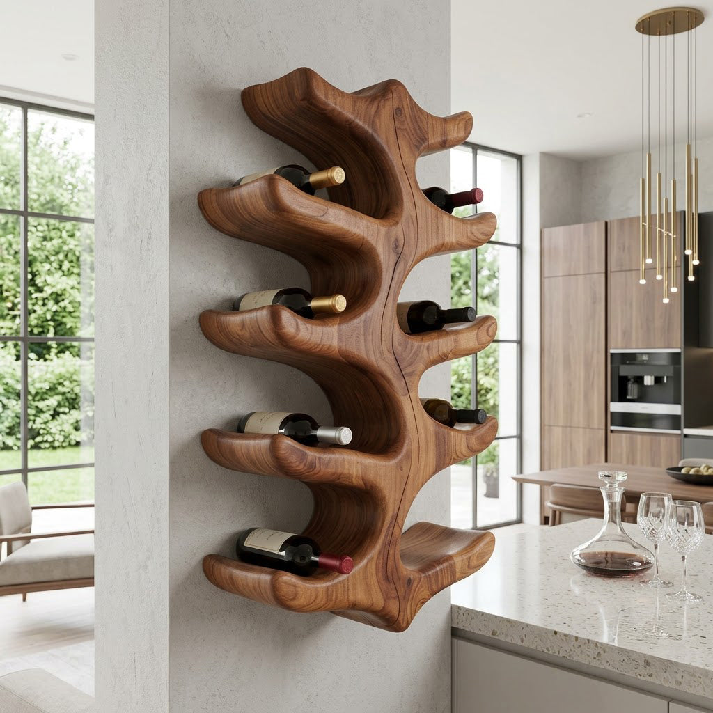 Artisan solid wood timber branch wine rack in a contemporary dining room