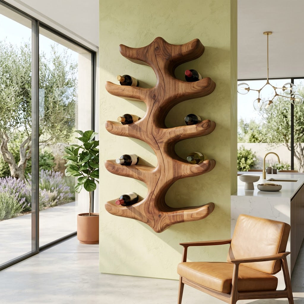 Sculptural solid wood bottle display styled in a modern home bar