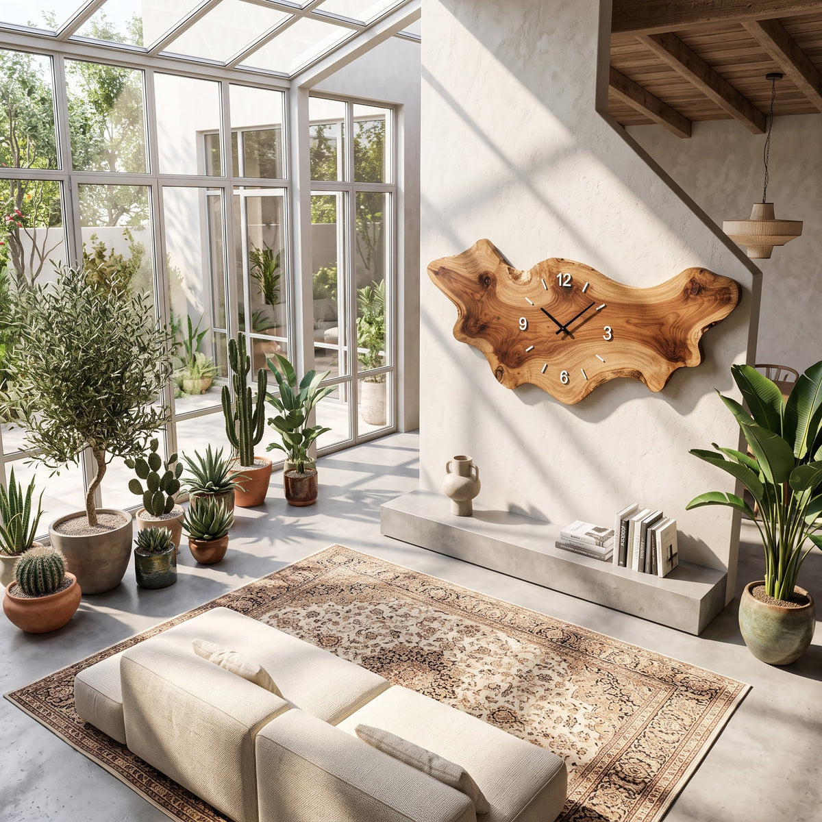 Organic live-edge solid wood wall clock displayed in a minimalist living space