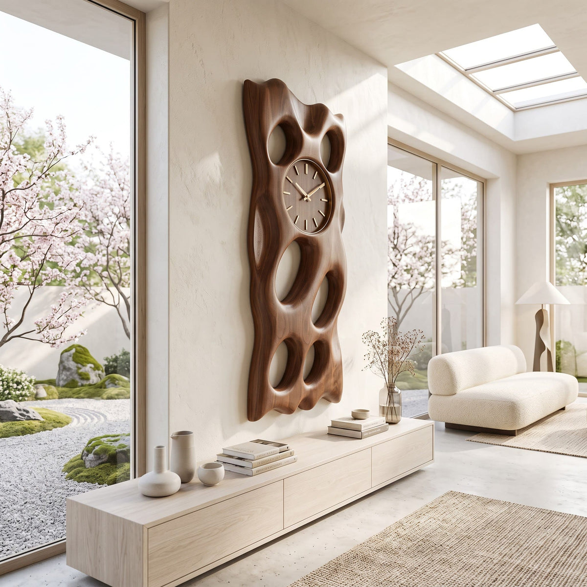 Artisanal solid wood biomorphic wall clock panel in a contemporary living room