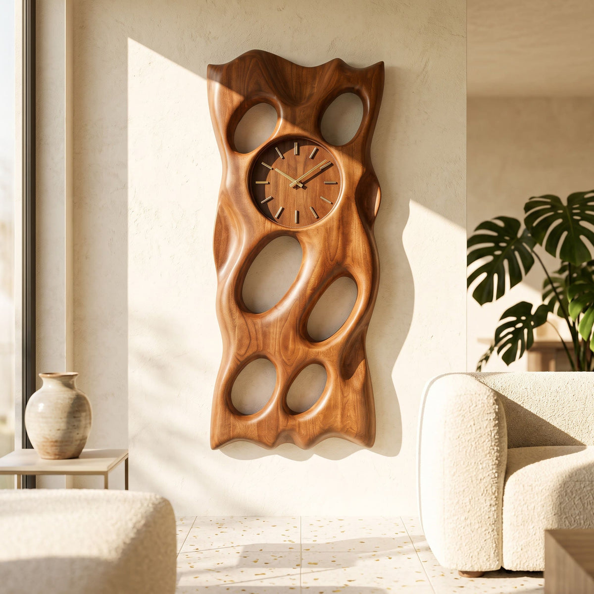 Sculptural solid wood wall clock displayed in a minimalist living space