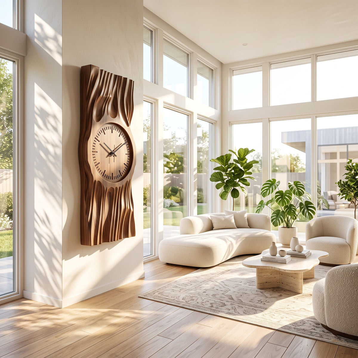 Artisanal solid wood fluted drapery wall clock panel in a contemporary living room