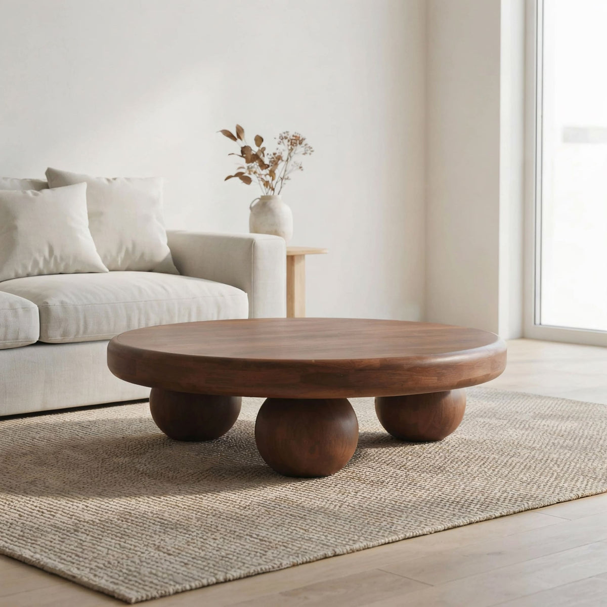Artistic round coffee table crafted from premium solid wood with a sculptural spherical base