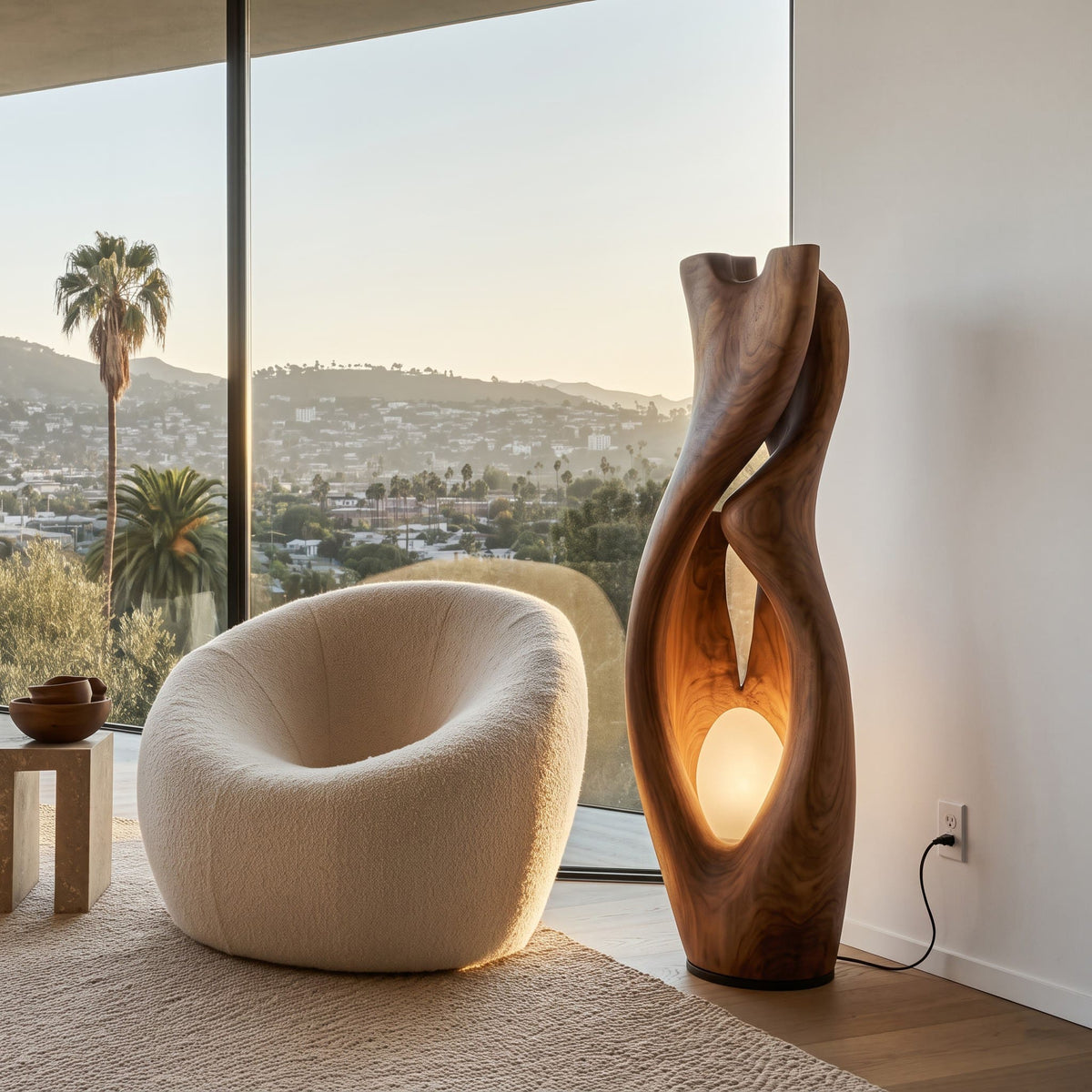 Authentic hand-carved abstract floor lamp in solid wood