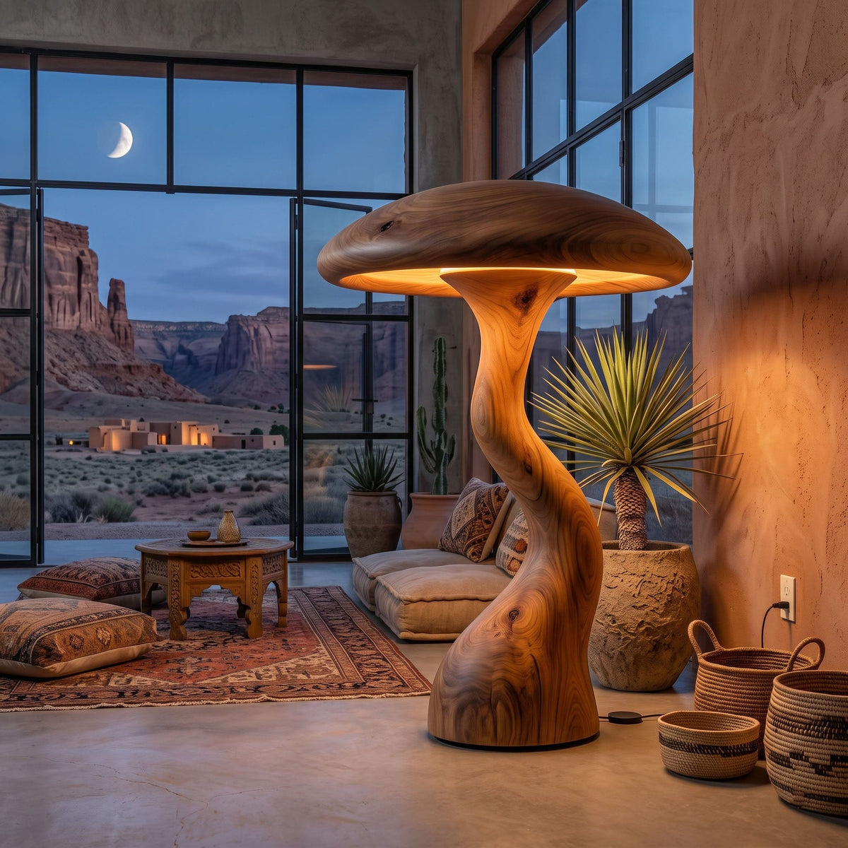 Hand-carved solid wood mushroom floor lamp showcased as a sculptural accent light