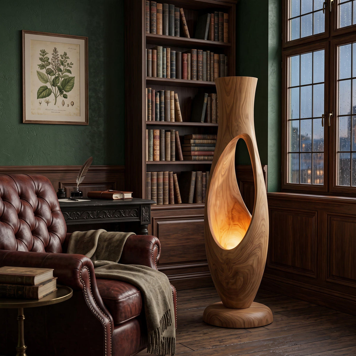 Artistic solid wood sculptural lamp enhancing a sophisticated home interior