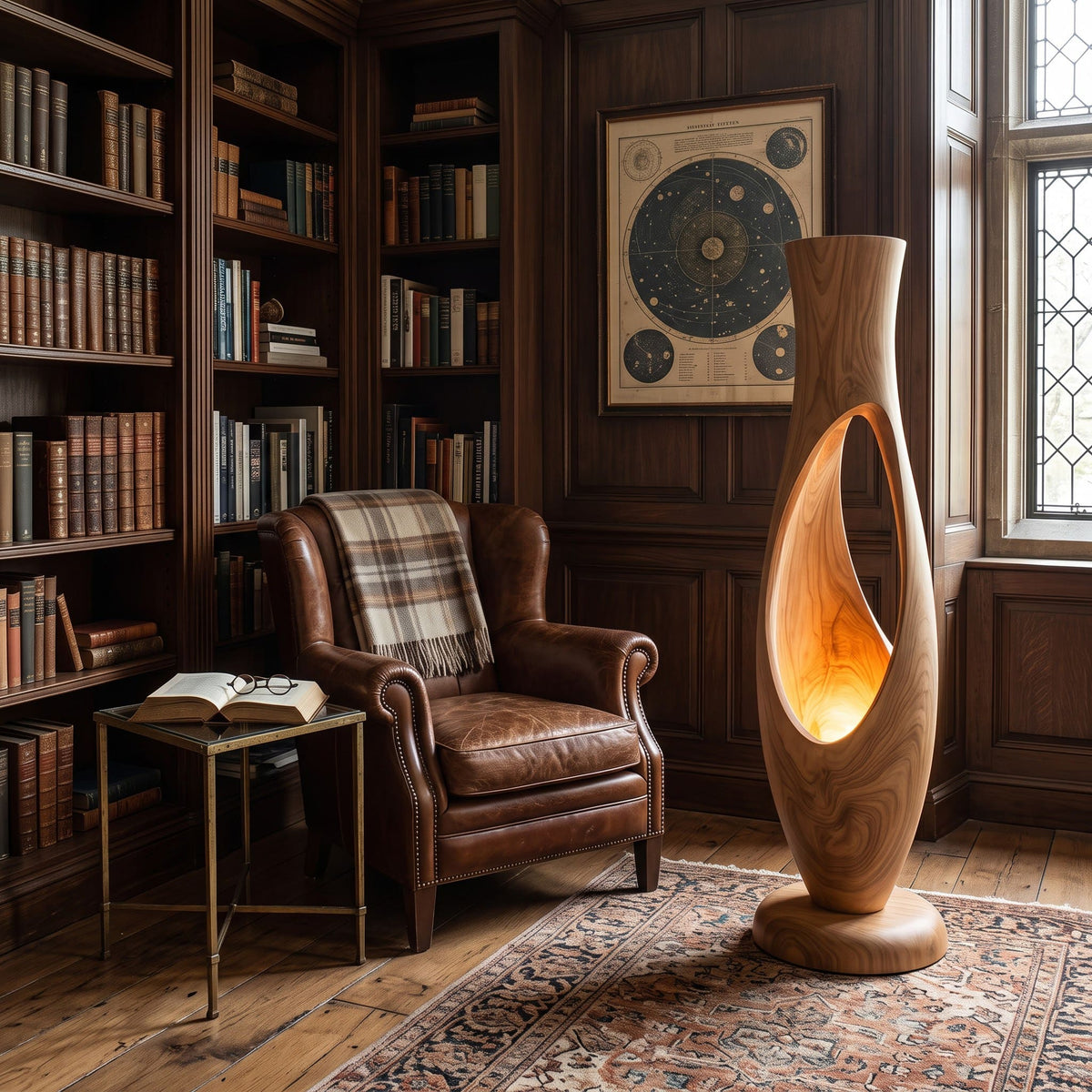 Hand-carved solid wood floor lamp showcased as a statement lighting piece
