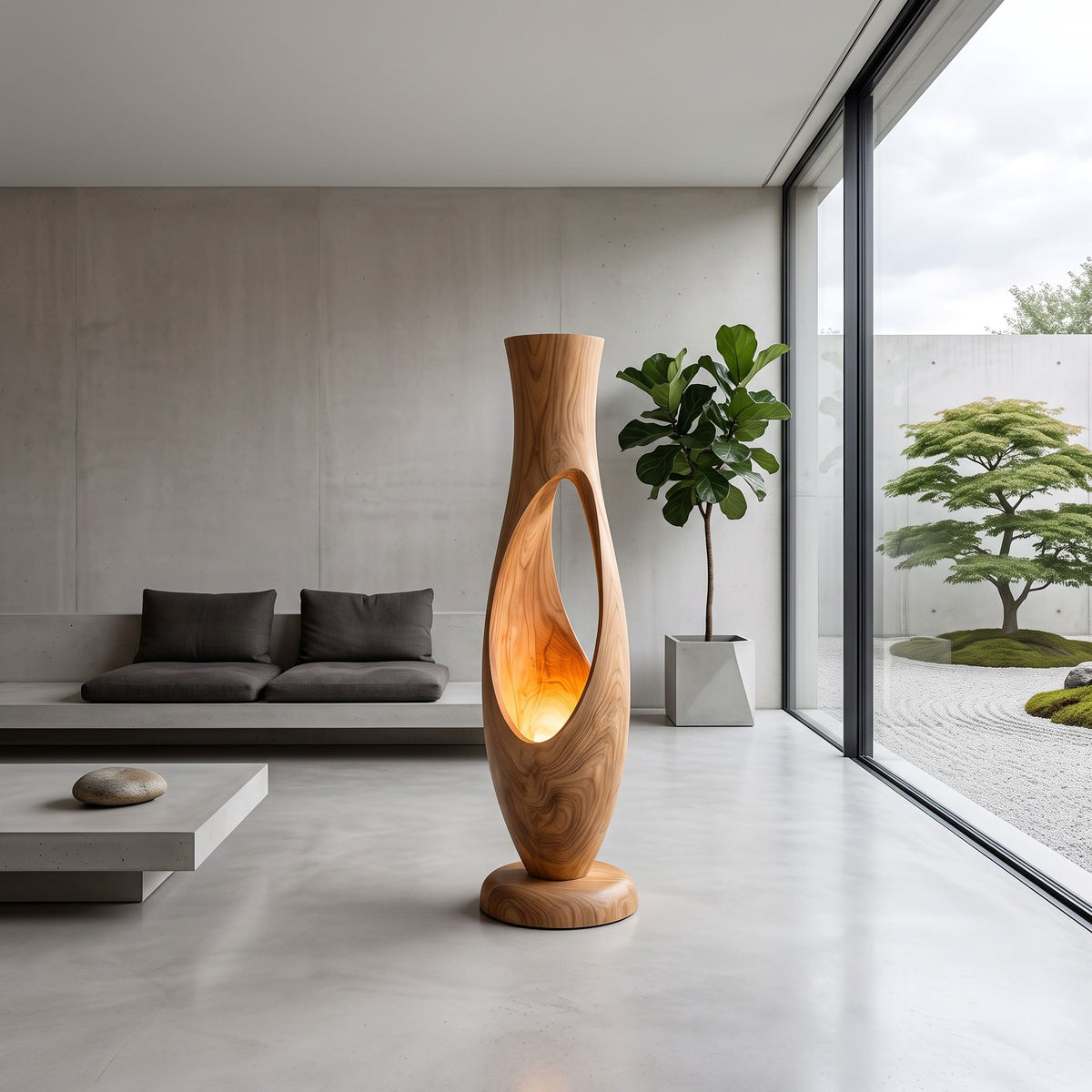 Organic solid wood floor lamp displayed in a minimalist living space