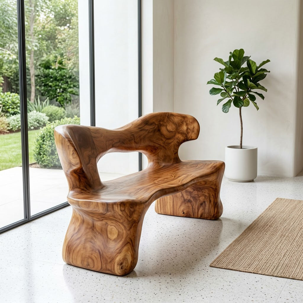 Biomorphic solid wood bench showcased as a statement seating piece