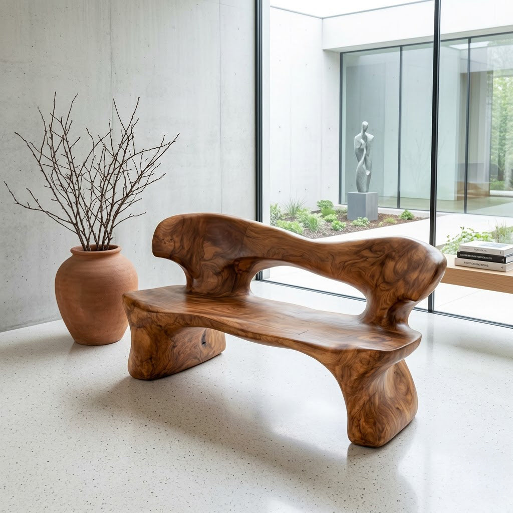 Sculptural solid wood settee enhancing a contemporary entryway