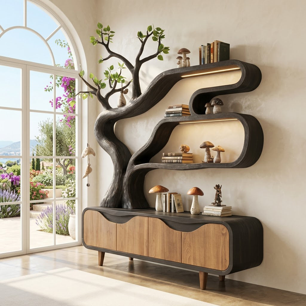 Contemporary solid wood backlit tree branch display credenza placed in an open-concept entryway