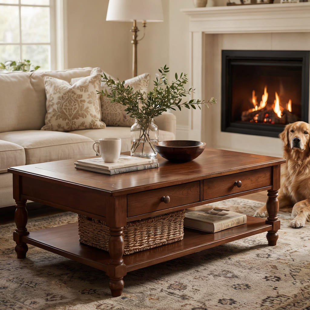 Timeless solid wood coffee table with drawers and lower shelf in a comfortable home interior