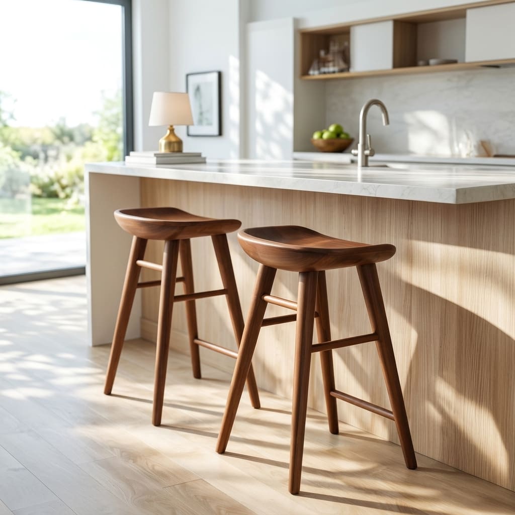 Modern wooden counter stool with ergonomic curved backrest