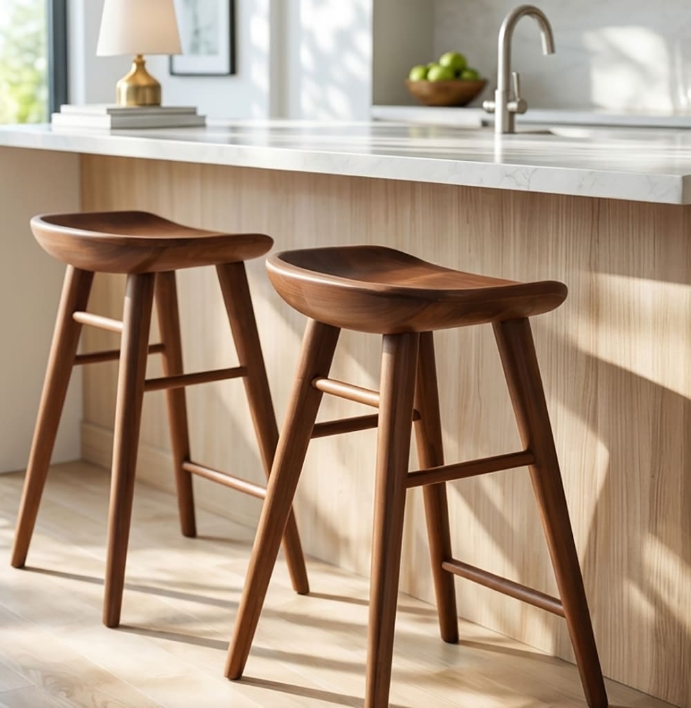 Sculptural solid wood bar stool featuring a smooth curved backrest