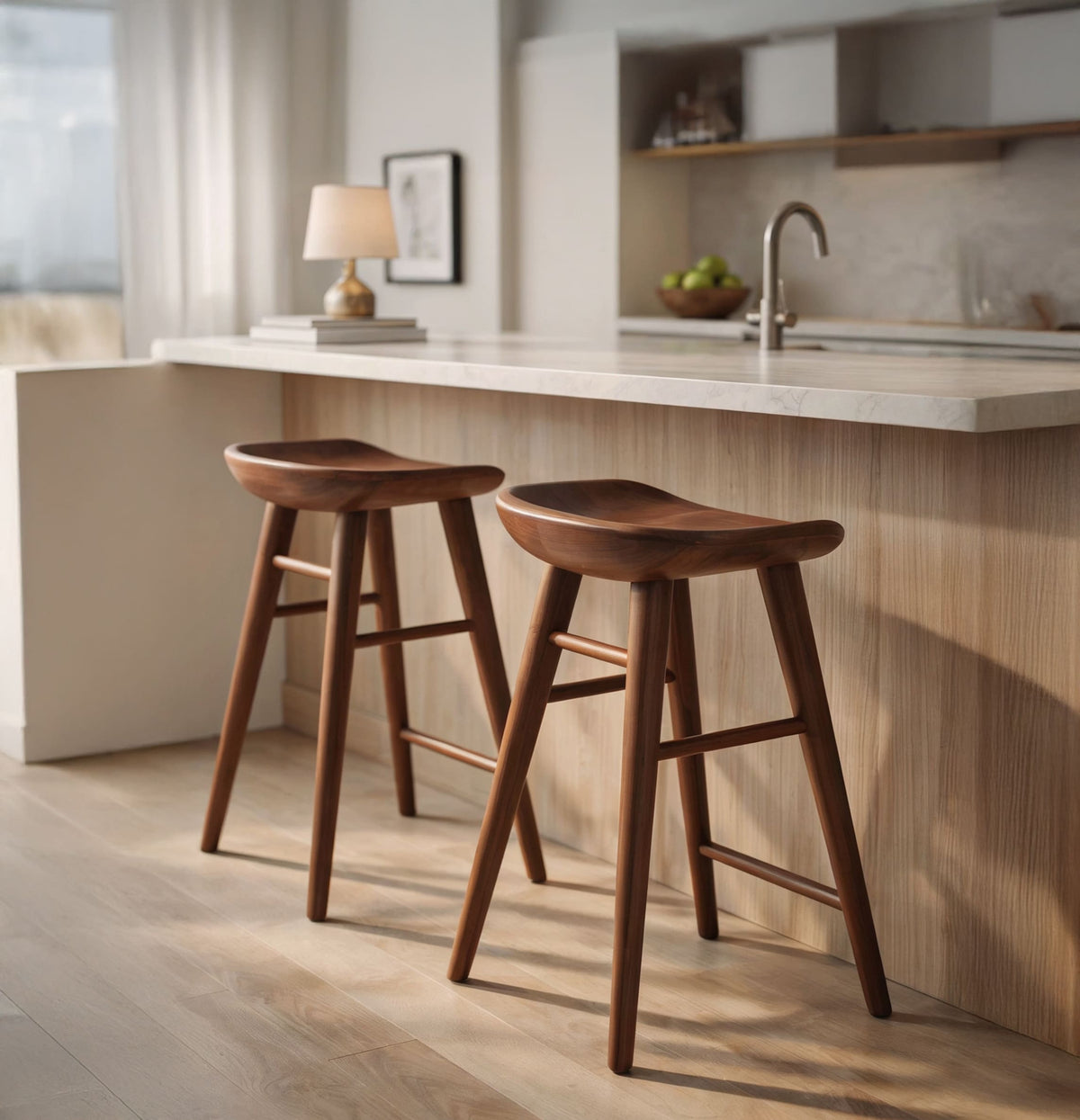 Curved wooden counter stool in a contemporary dining area