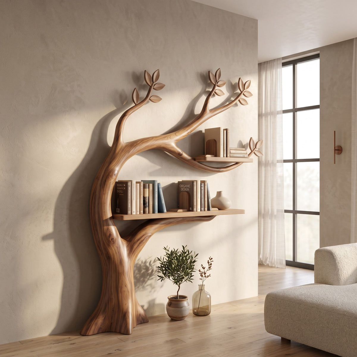 Contemporary solid wood curved tree bookcase mounted in an airy living room