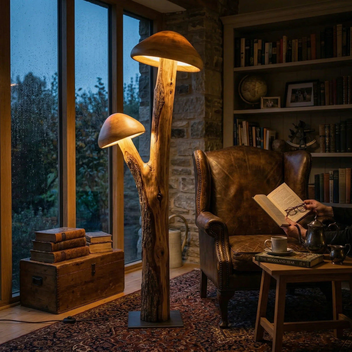 Dual mushroom floor lamp with glowing translucent caps on natural wood trunk in cozy reading room