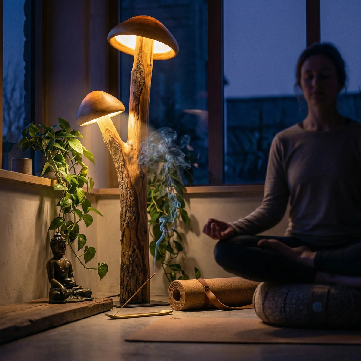 Dual mushroom floor lamp with glowing translucent caps on natural wood trunk, metal base, in a cozy room with plants and meditation decor.