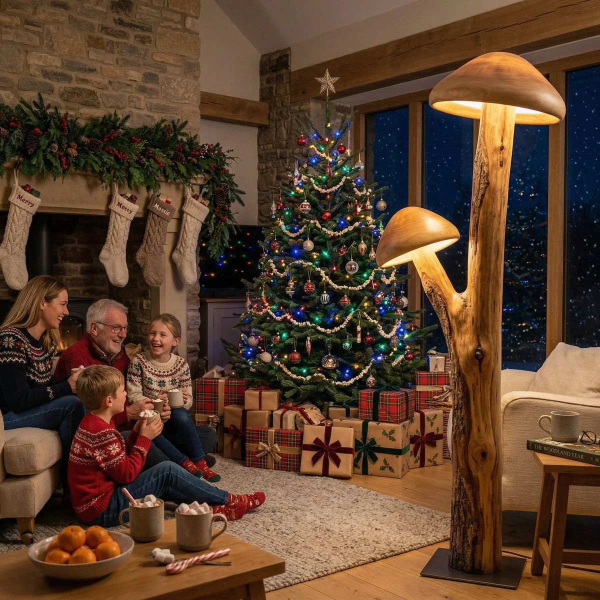 Dual mushroom cap floor lamp with natural wood trunk and metal base in cozy holiday living room