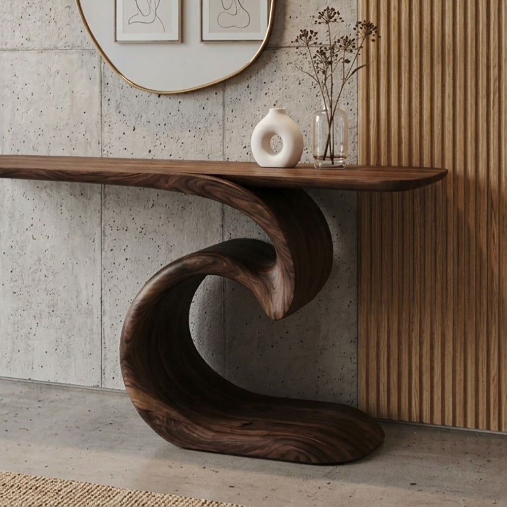 Sculptural solid wood console table with flowing design