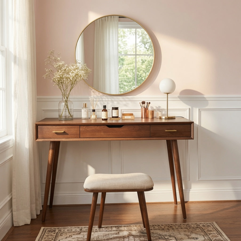 Organic modern hardwood vanity table enhancing a luxury bedroom interior