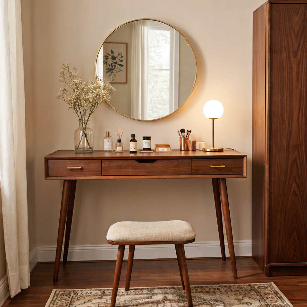 Artisan solid wood dressing table adding warmth and elegance to a stylish bedroom