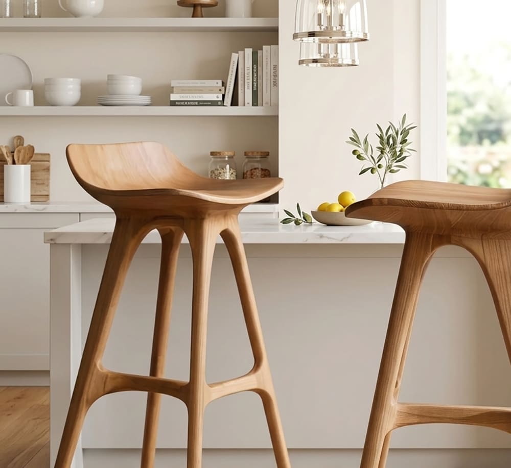 Organic wooden counter stool with sculptural curved design