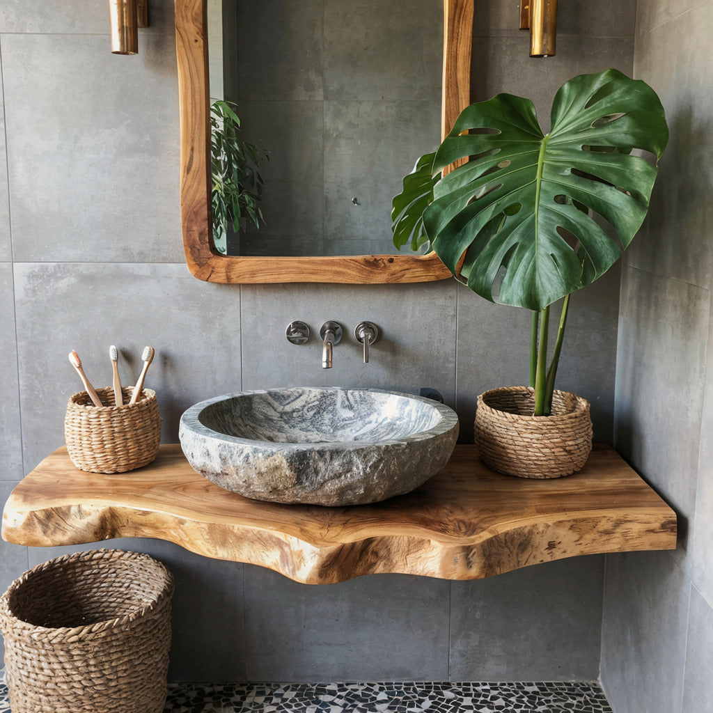 Farmhouse solid wood bathroom vanity in a classic bathroom