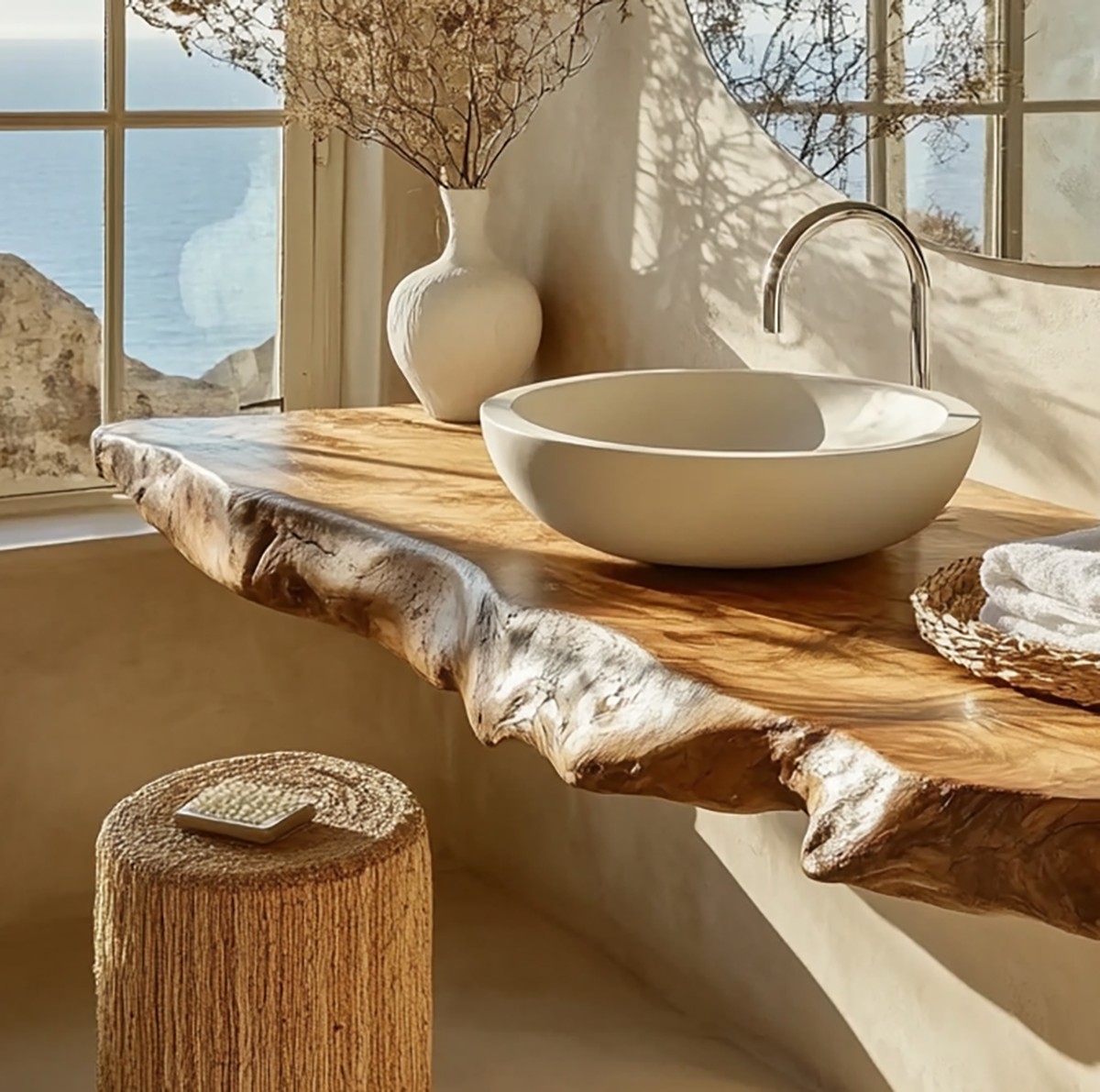 Wall mounted bathroom vanity with natural live edge wood