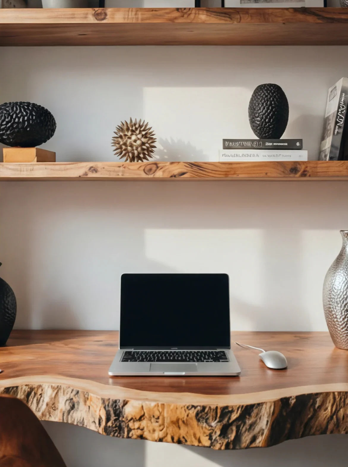 close up solid wood floating desk surface natural grain laptop