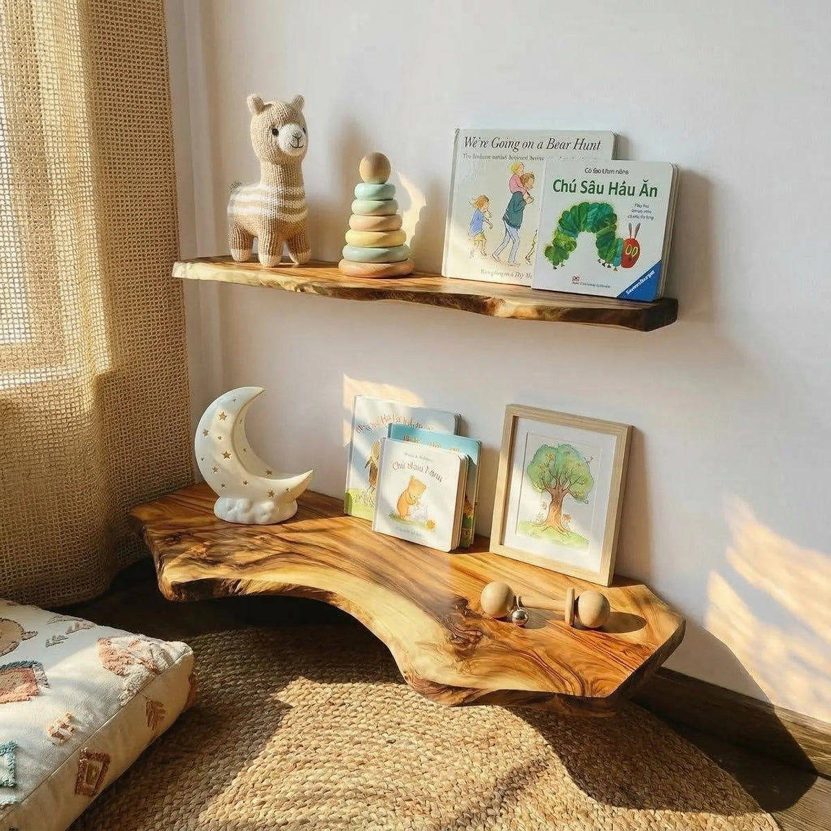 handcrafted live edge floating shelves in kids room with books, toys, and natural wood decor