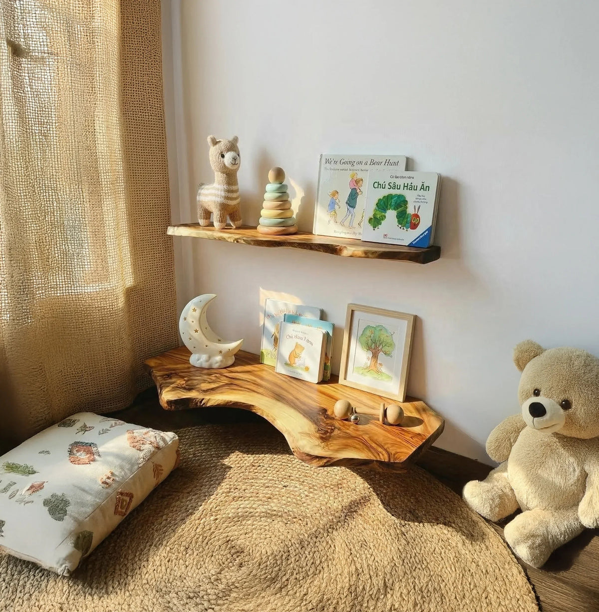 handcrafted live edge floating shelves in kids room with books, toys, and natural wood decor