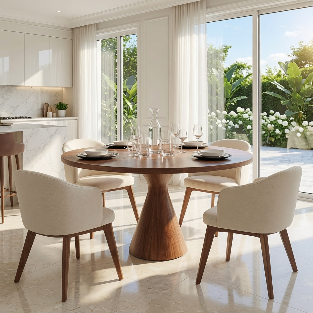Handcrafted hardwood dining table creating a sculptural centerpiece in a modern home