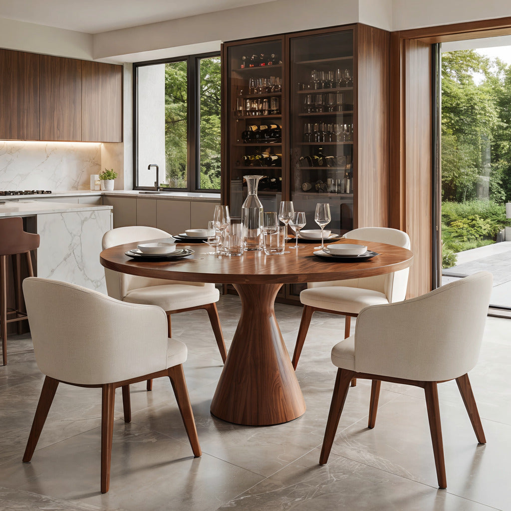 Flowing pedestal round dining table in solid wood