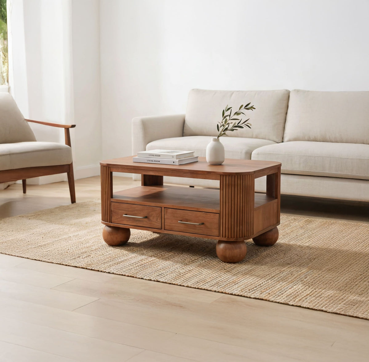 Organic modern solid wood coffee table with fluted details in a contemporary living room