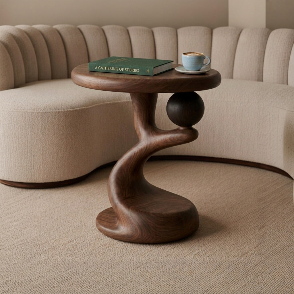 Handcrafted wooden sphere end table made from solid wood