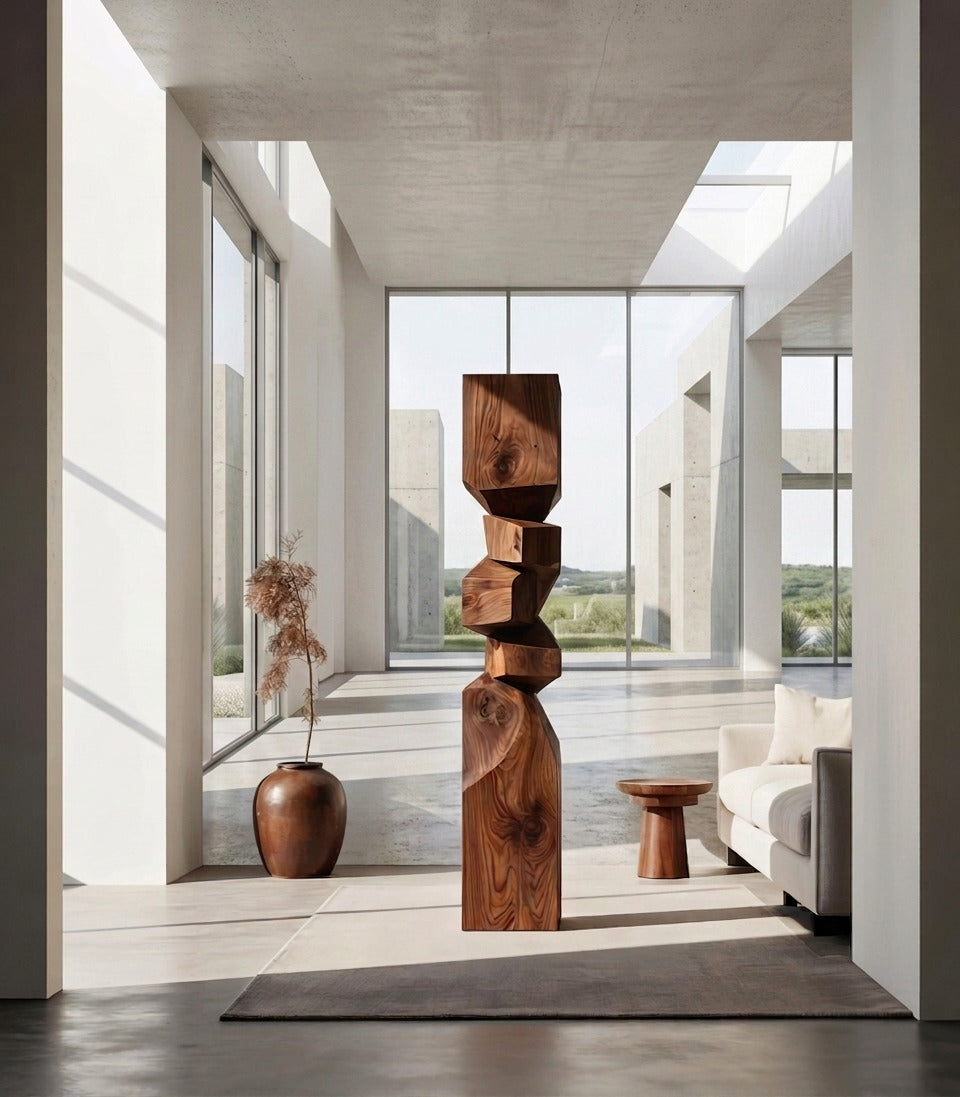 Handcrafted wooden stacked sculpture in a minimalist living room