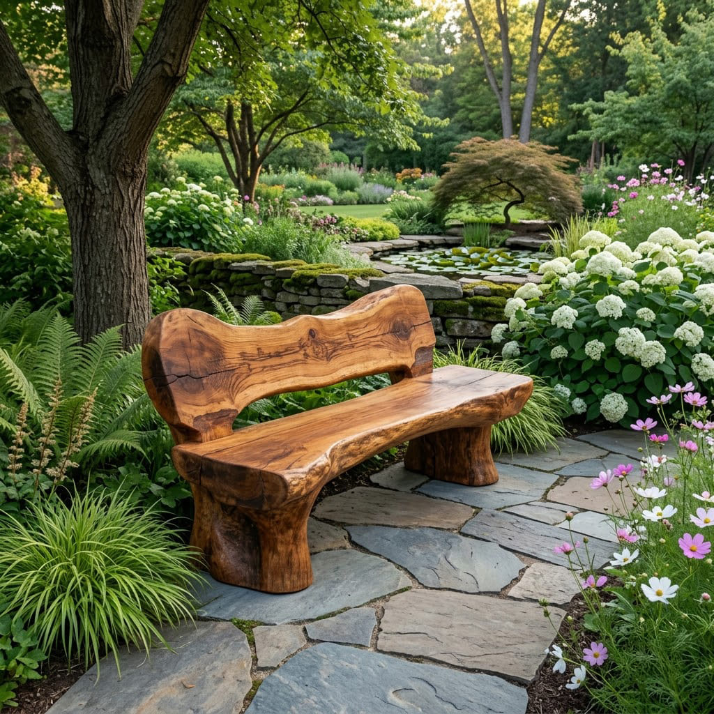 Wabi-Sabi solid timber live edge garden bench creating a peaceful outdoor meditation corner