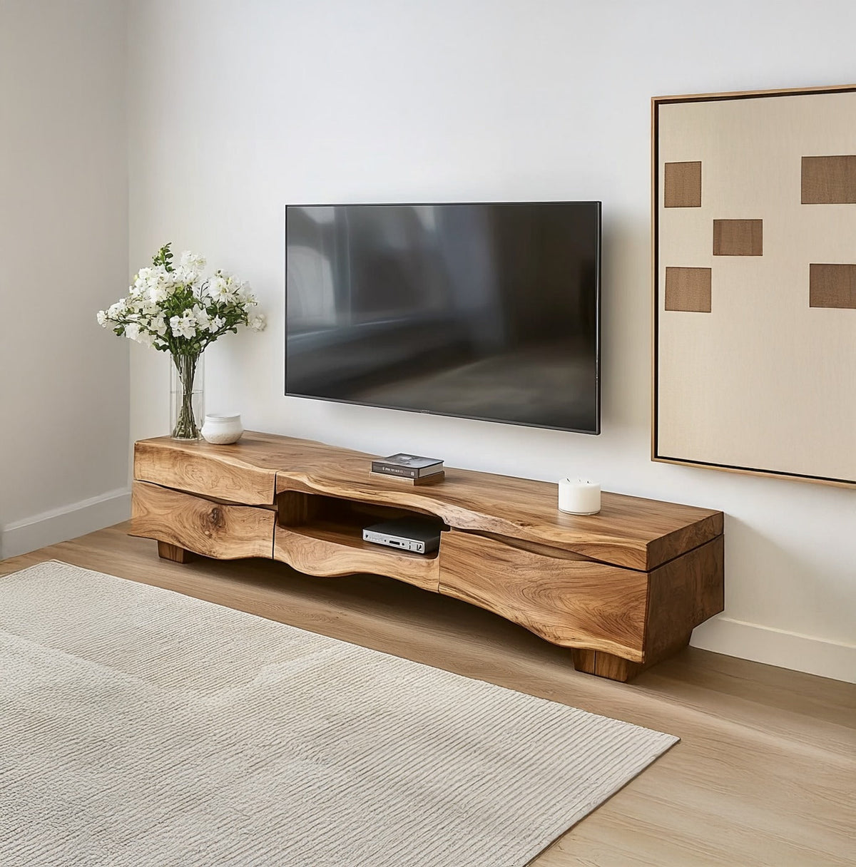 Rustic live edge solid wood TV console with storage in a modern living room
