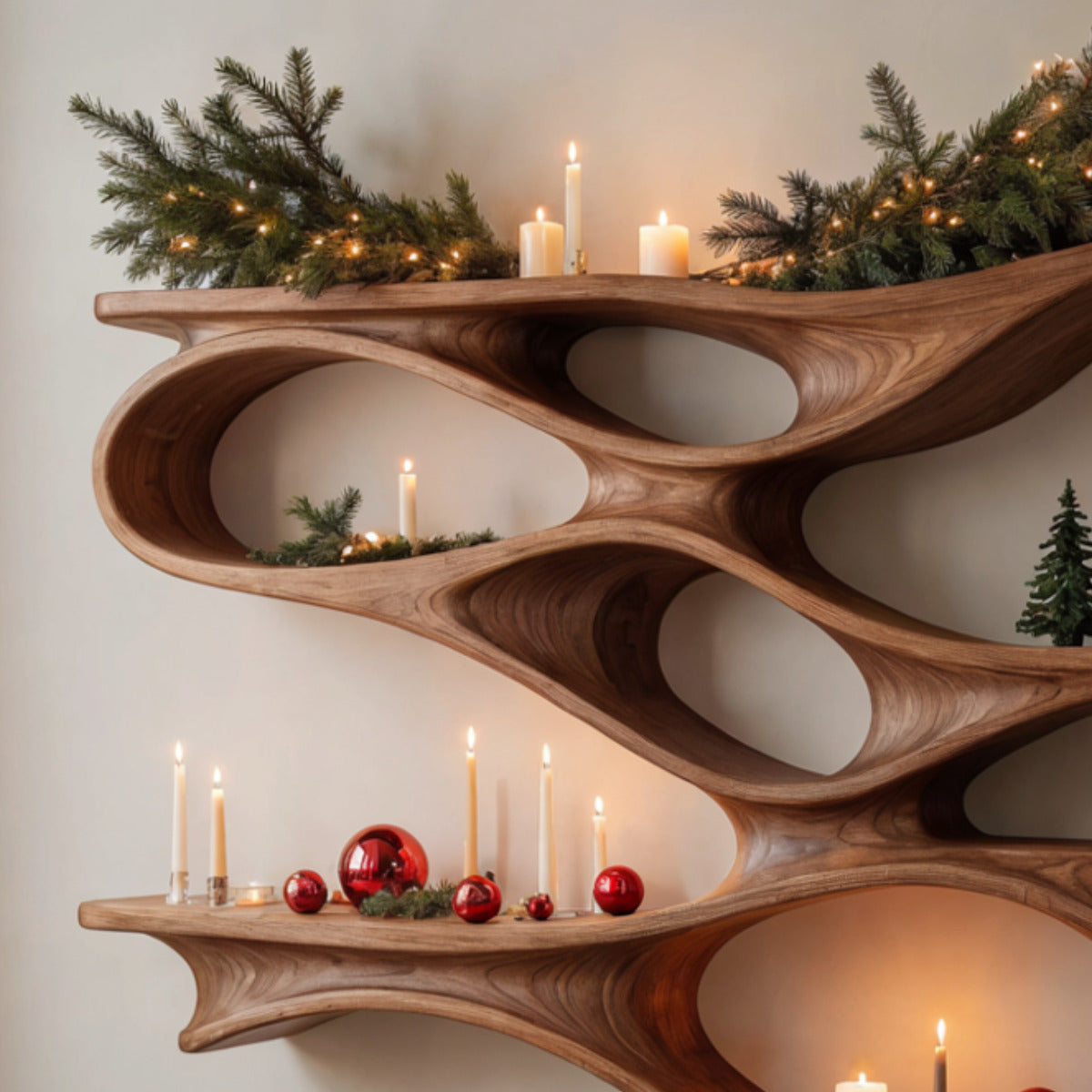 Modern curved wooden wall shelf with sculptural design