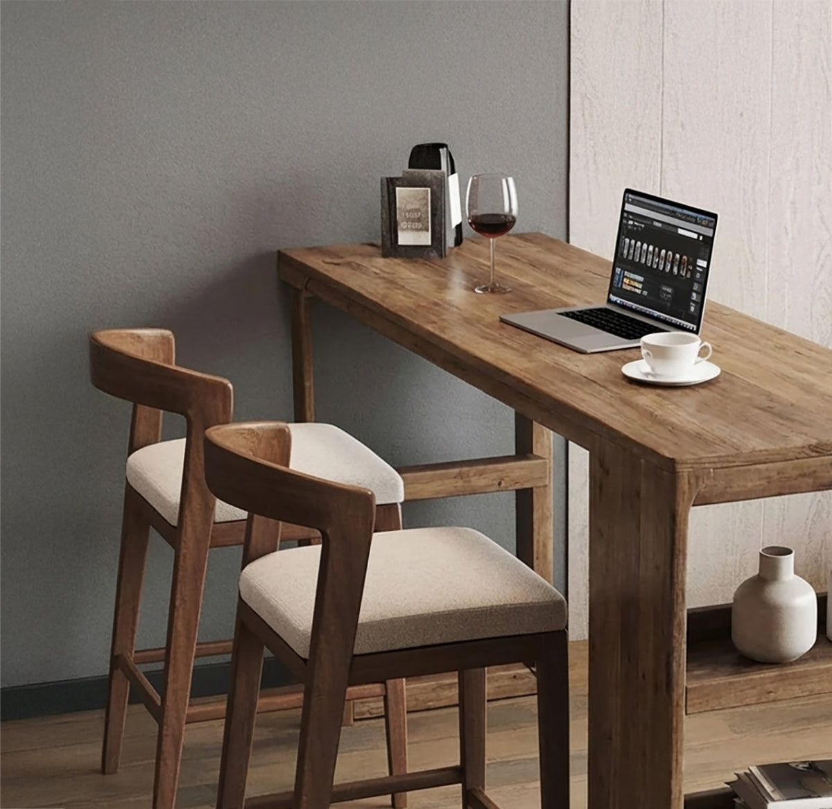 Live edge solid wood bar table and handmade wall shelf table set up as a cozy home workspace